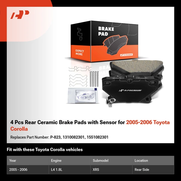 4 Pcs Rear Ceramic Brake Pads with Sensor for 2005-2006 Toyota Corolla