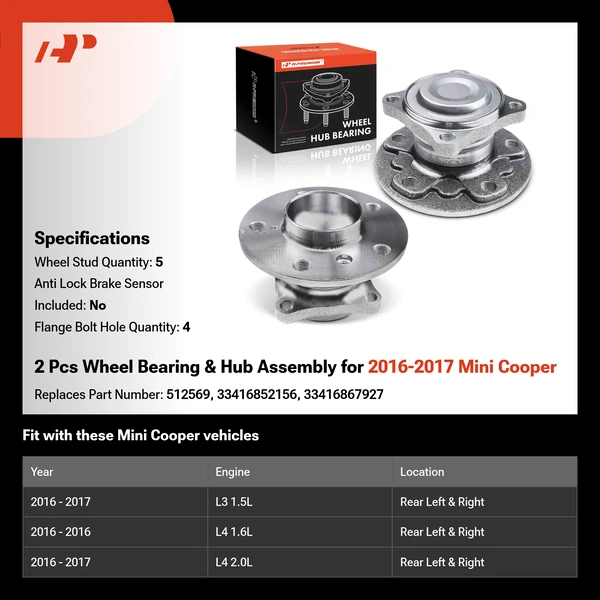 2 Pcs Wheel Bearing & Hub Assembly for 2016-2017 Mini Cooper