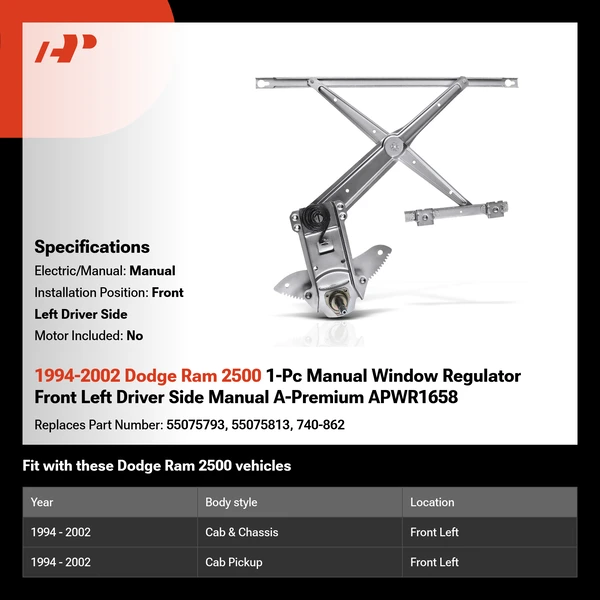 1994-2002 Dodge Ram 2500 1-Pc Manual Window Regulator Front Left Driver Side Manual A-Premium APWR1658
