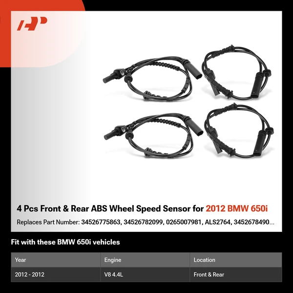 4 Pcs Front & Rear ABS Wheel Speed Sensor for 2012 BMW 650i