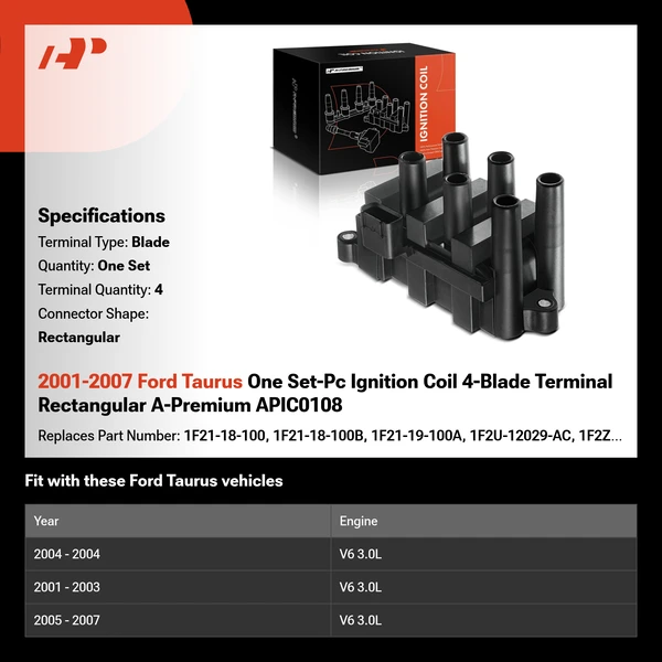 2001-2007 Ford Taurus One Set-Pc Ignition Coil 4-Blade Terminal Rectangular A-Premium APIC0108