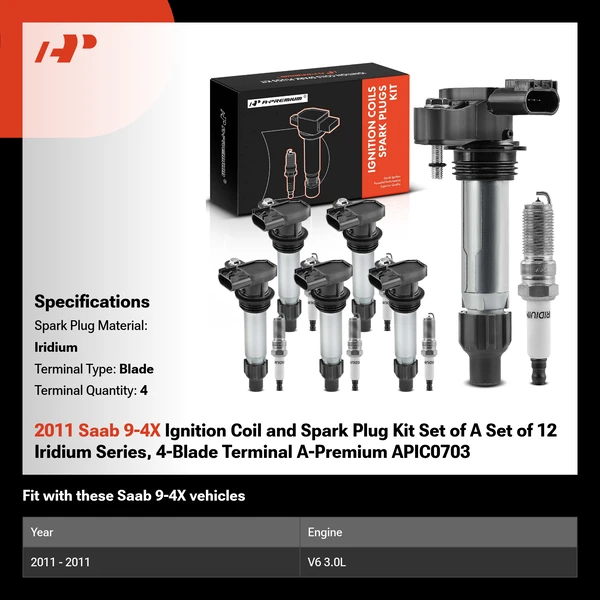 2011 Saab 9-4X Ignition Coil and Spark Plug Kit Set of A Set of 12 Iridium Series, 4-Blade Terminal A-Premium APIC0703