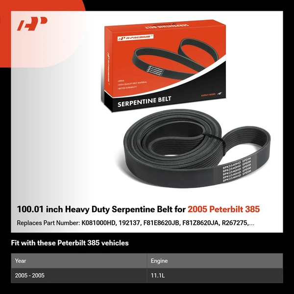 100.01 inch Heavy Duty Serpentine Belt for 2005 Peterbilt 385