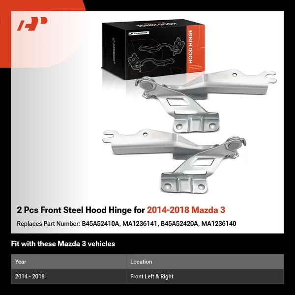 2 Pcs Front Steel Hood Hinge for 2014-2018 Mazda 3