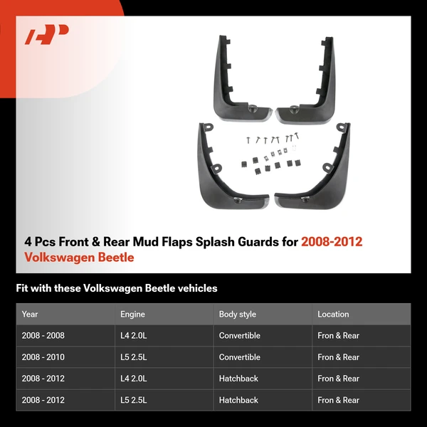 4 Pcs Front & Rear Mud Flaps Splash Guards for 2008-2012 Volkswagen Beetle