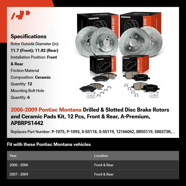 2006-2009 Pontiac Montana Drilled & Slotted Disc Brake Rotors and Ceramic Pads Kit, 12 Pcs, Front & Rear, A-Premium, APBRPS1442