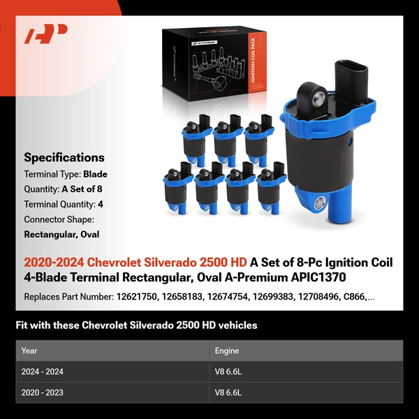 2020-2024 Chevrolet Silverado 2500 HD A Set of 8-Pc Ignition Coil 4-Blade Terminal Rectangular, Oval A-Premium APIC1370