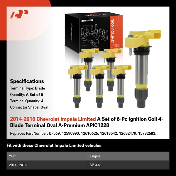 2014-2016 Chevrolet Impala Limited A Set of 6-Pc Ignition Coil 4-Blade Terminal Oval A-Premium APIC1228