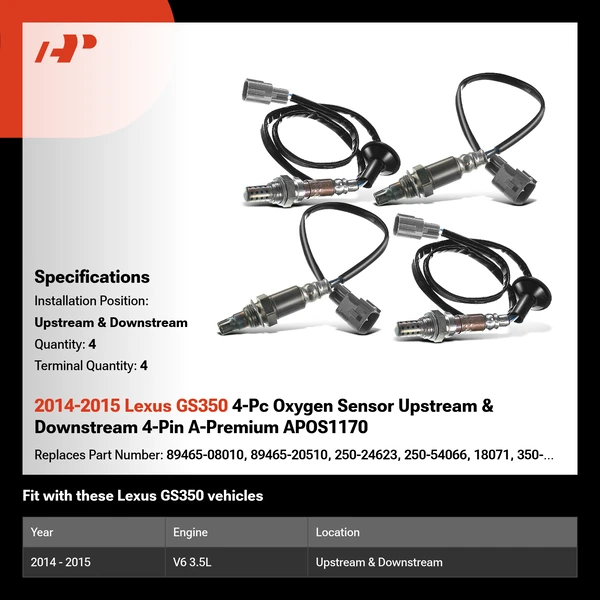 2014-2015 Lexus GS350 4-Pc Oxygen Sensor Upstream & Downstream 4-Pin A-Premium APOS1170