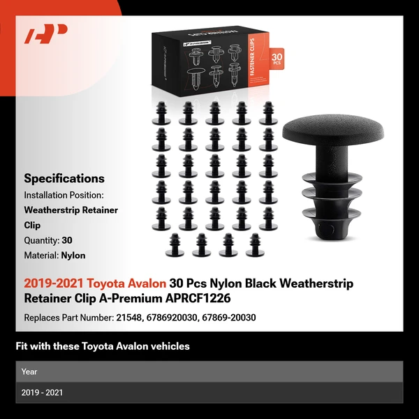 2019-2021 Toyota Avalon 30 Pcs Nylon Black Weatherstrip Retainer Clip A-Premium APRCF1226
