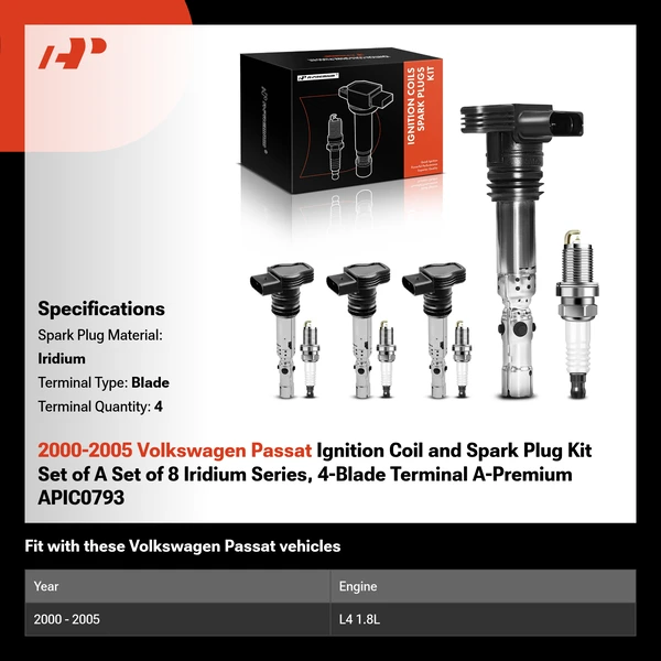 2000-2005 Volkswagen Passat Ignition Coil and Spark Plug Kit Set of A Set of 8 Iridium Series, 4-Blade Terminal A-Premium APIC0793