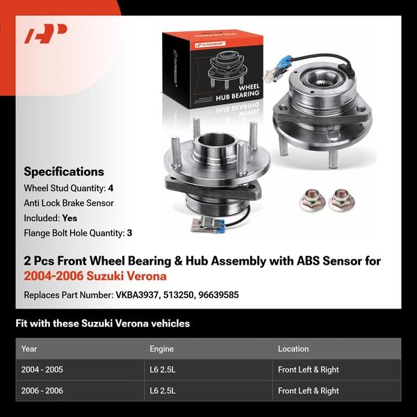 2 Pcs Front Wheel Bearing & Hub Assembly with ABS Sensor for 2004-2006 Suzuki Verona