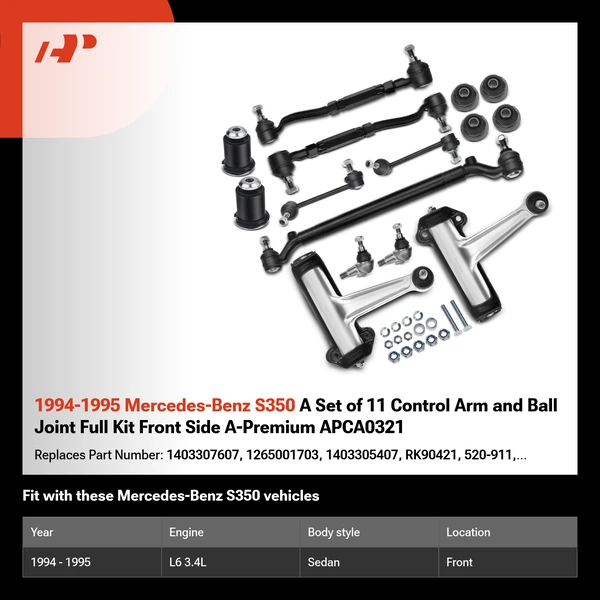 1994-1995 Mercedes-Benz S350 A Set of 11 Control Arm and Ball Joint Full Kit Front Side A-Premium APCA0321