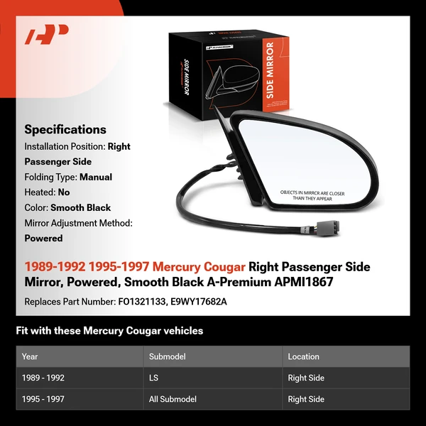 1989-1992 1995-1997 Mercury Cougar Right Passenger Side Mirror, Powered, Smooth Black A-Premium APMI1867