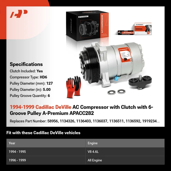 1994-1999 Cadillac DeVille AC Compressor with Clutch with 6-Groove Pulley A-Premium APACC282
