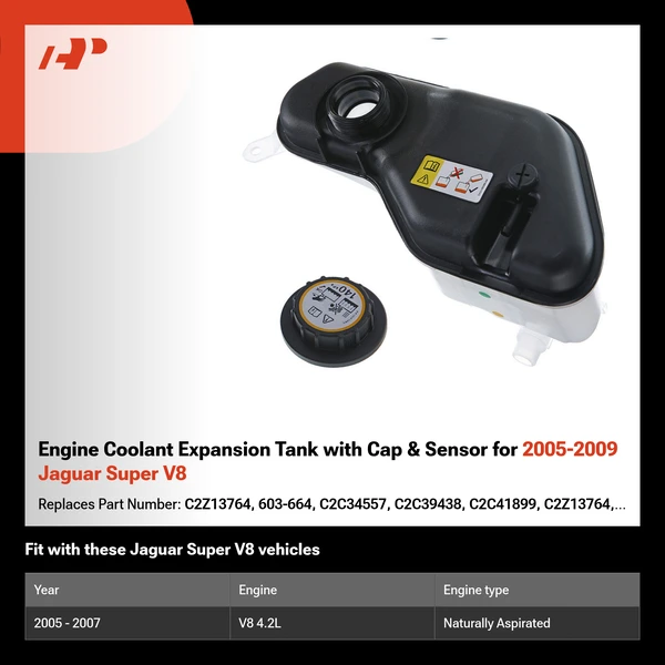 Engine Coolant Expansion Tank with Cap & Sensor for 2005-2009 Jaguar Super V8