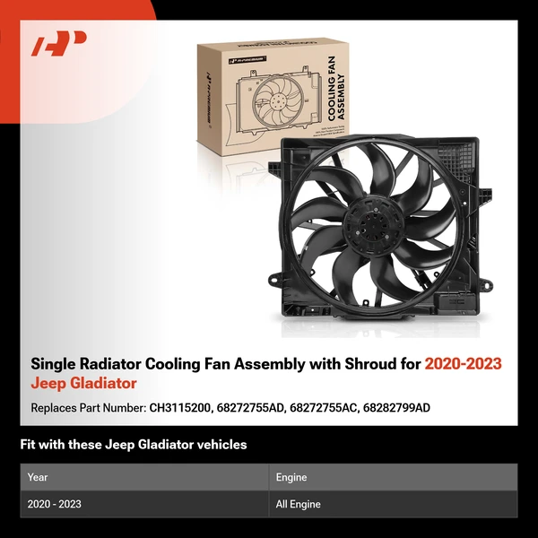 Single Radiator Cooling Fan Assembly with Shroud for 2020-2023 Jeep Gladiator