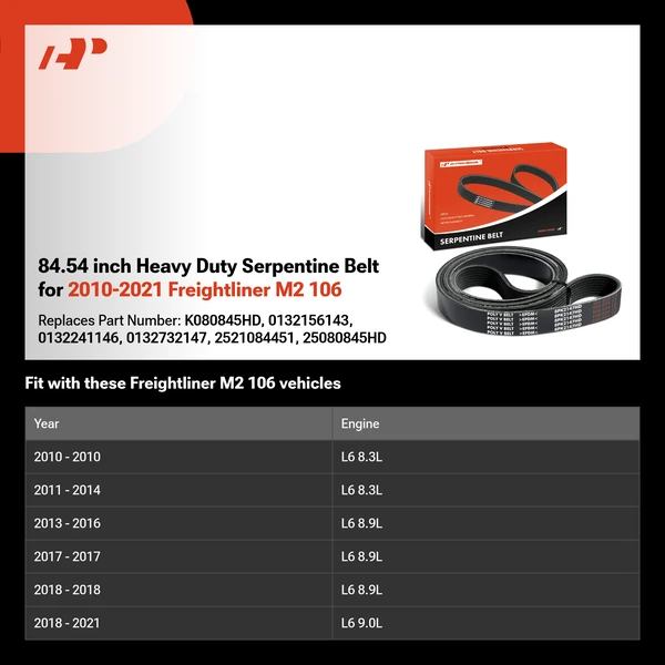 84.54 inch Heavy Duty Serpentine Belt for 2010-2021 Freightliner M2 106