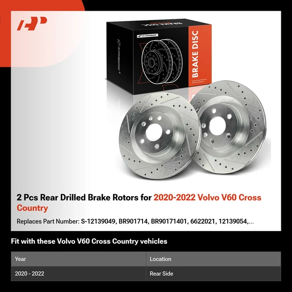 2 Pcs Rear Drilled Brake Rotors for 2020-2022 Volvo V60 Cross Country