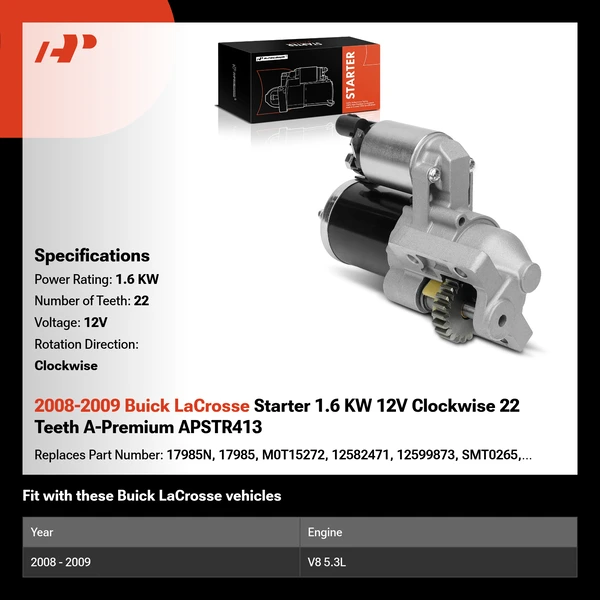 2008-2009 Buick LaCrosse Starter 1.6 KW 12V Clockwise 22 Teeth A-Premium APSTR413