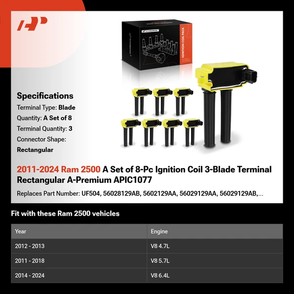 2011-2024 Ram 2500 A Set of 8-Pc Ignition Coil 3-Blade Terminal Rectangular A-Premium APIC1077