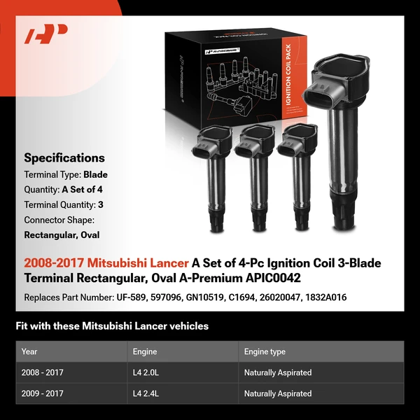 2008-2017 Mitsubishi Lancer A Set of 4-Pc Ignition Coil 3-Blade Terminal Rectangular, Oval A-Premium APIC0042