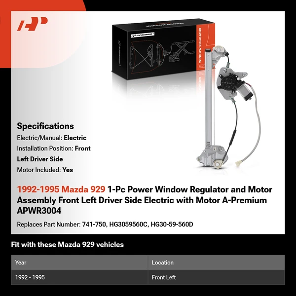 1992-1995 Mazda 929 1-Pc Power Window Regulator and Motor Assembly Front Left Driver Side Electric with Motor A-Premium APWR3004