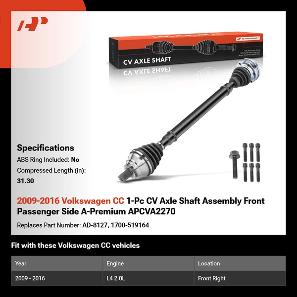 2009-2016 Volkswagen CC 1-Pc CV Axle Shaft Assembly Front Passenger Side A-Premium APCVA2270