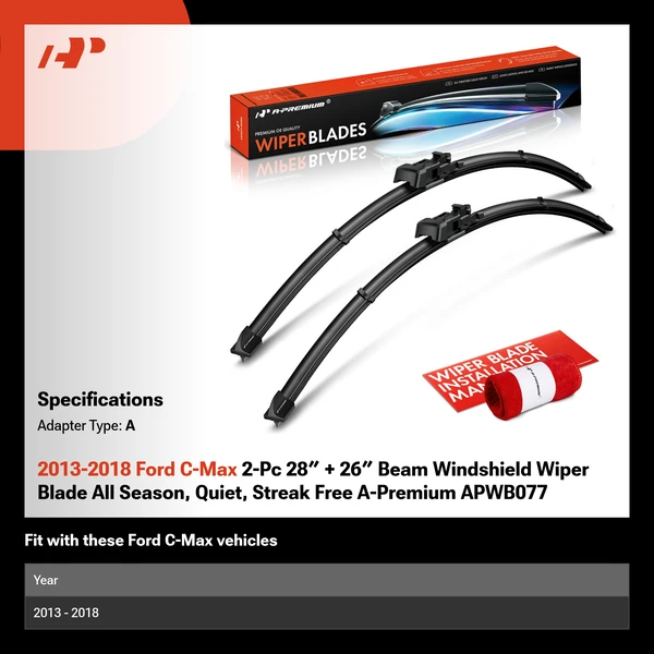 2013-2018 Ford C-Max 2-Pc 28″ + 26″ Beam Windshield Wiper Blade All Season, Quiet, Streak Free A-Premium APWB077