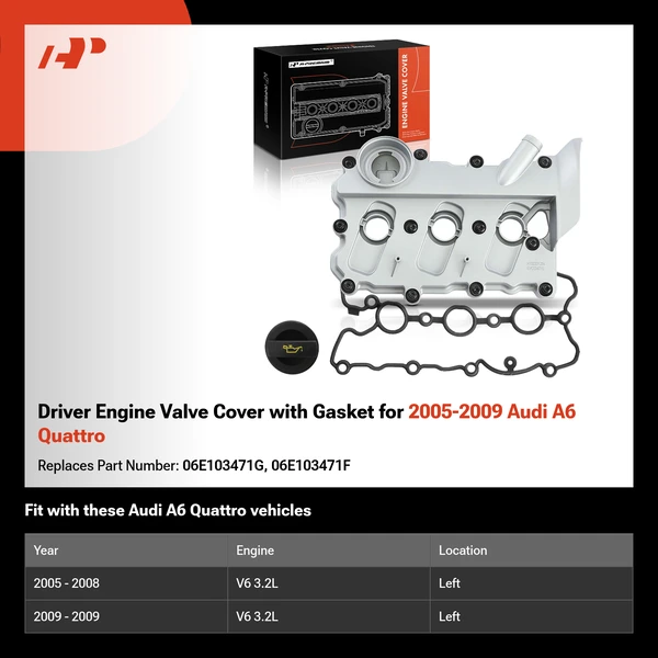 Driver Engine Valve Cover with Gasket for 2005-2009 Audi A6 Quattro