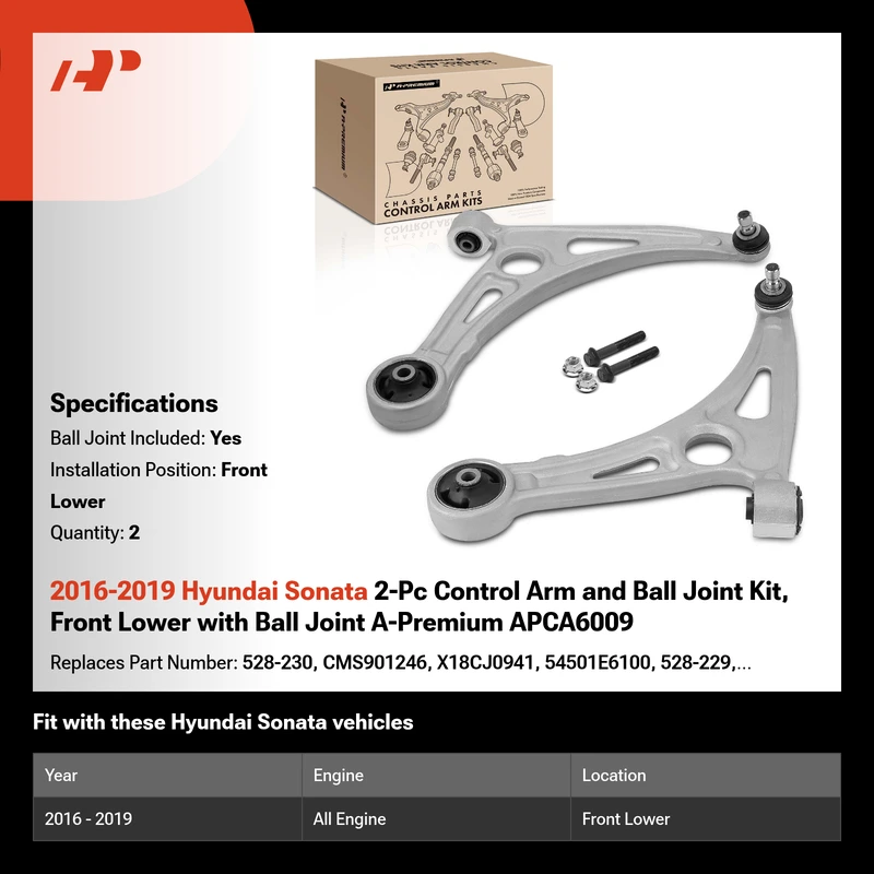 2016-2019 Hyundai Sonata 2-Pc Control Arm and Ball Joint Kit, Front Lower with Ball Joint A-Premium APCA6009