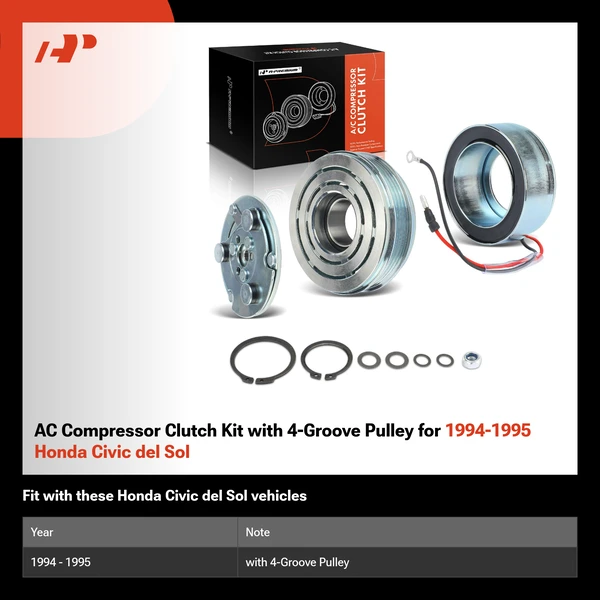 AC Compressor Clutch Kit with 4-Groove Pulley for 1994-1995 Honda Civic del Sol