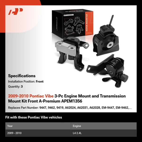 2009-2010 Pontiac Vibe 3-Pc Engine Mount and Transmission Mount Kit Front A-Premium APEM1356