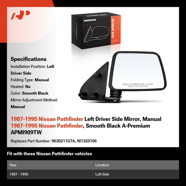 1987-1995 Nissan Pathfinder Left Driver Side Mirror, Manual 1987-1995 Nissan Pathfinder, Smooth Black A-Premium APMI909TW