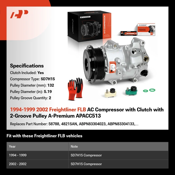 1994-1999 2002 Freightliner FLB AC Compressor with Clutch with 2-Groove Pulley A-Premium APACC513