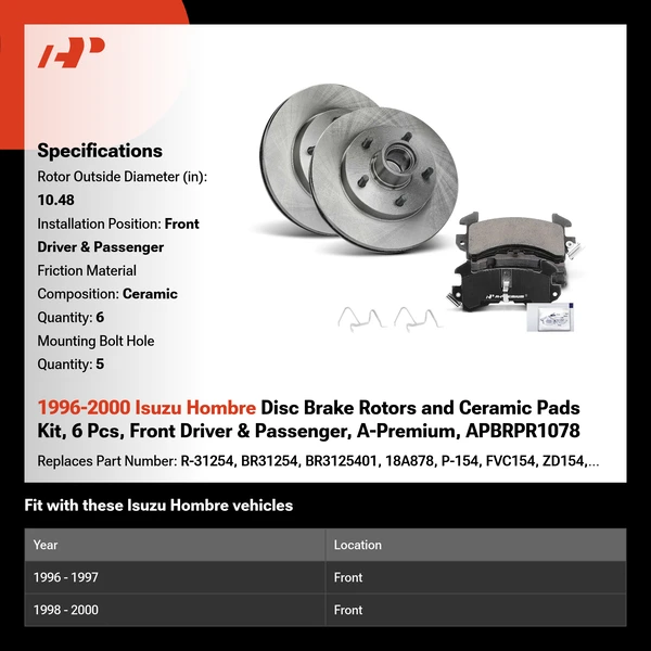 1996-2000 Isuzu Hombre Disc Brake Rotors and Ceramic Pads Kit, 6 Pcs, Front Driver & Passenger, A-Premium, APBRPR1078