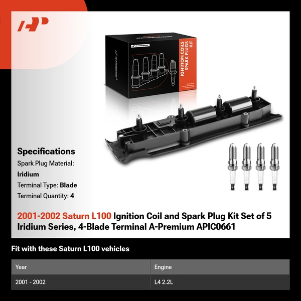 2001-2002 Saturn L100 Ignition Coil and Spark Plug Kit Set of 5 Iridium Series, 4-Blade Terminal A-Premium APIC0661
