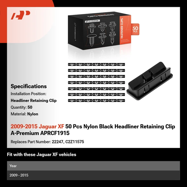 2009-2015 Jaguar XF 50 Pcs Nylon Black Headliner Retaining Clip A-Premium APRCF1915