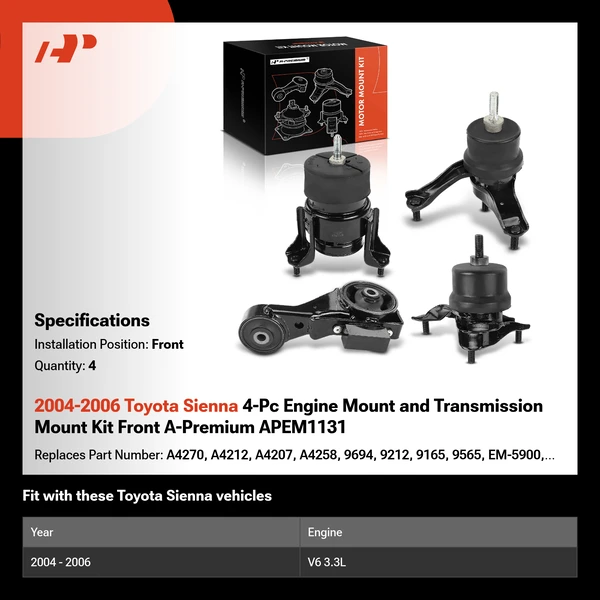 2004-2006 Toyota Sienna 4-Pc Engine Mount and Transmission Mount Kit Front A-Premium APEM1131