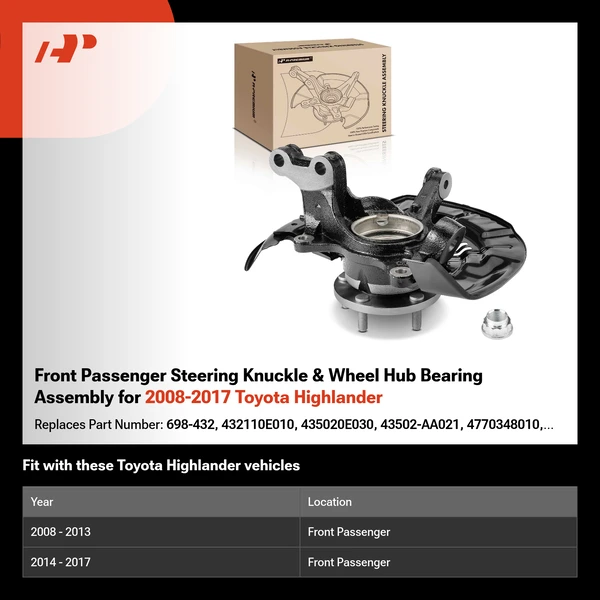 Front Passenger Steering Knuckle & Wheel Hub Bearing Assembly for 2008-2017 Toyota Highlander