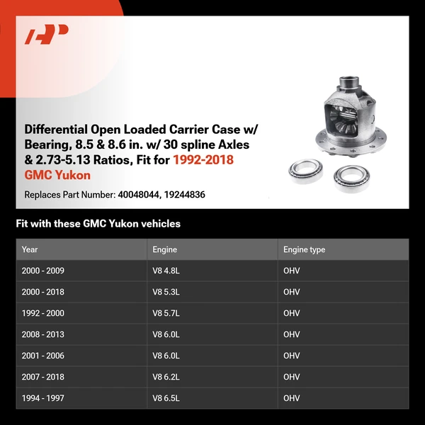 Differential Open Loaded Carrier Case w/ Bearing, 8.5 & 8.6 in. w/ 30 spline Axles & 2.73-5.13 Ratios, Fit for 1992-2018 GMC Yukon