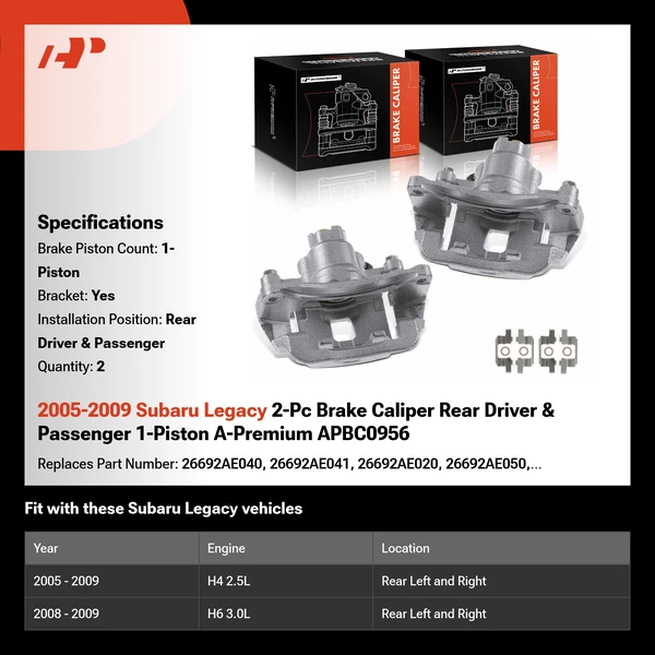 2005-2009 Subaru Legacy 2-Pc Brake Caliper Rear Driver & Passenger 1-Piston A-Premium APBC0956