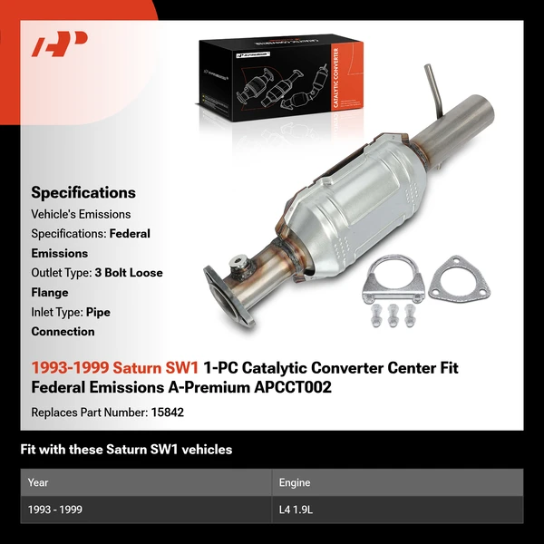 1993-1999 Saturn SW1 1-PC Catalytic Converter Center Fit Federal Emissions A-Premium APCCT002