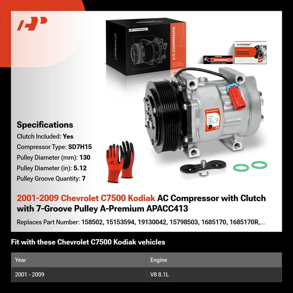 2001-2009 Chevrolet C7500 Kodiak AC Compressor with Clutch with 7-Groove Pulley A-Premium APACC413
