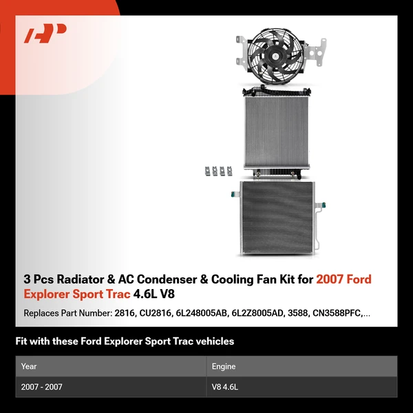3 Pcs Radiator & AC Condenser & Cooling Fan Kit for 2007 Ford Explorer Sport Trac 4.6L V8