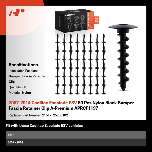 2007-2014 Cadillac Escalade ESV 50 Pcs Nylon Black Bumper Fascia Retainer Clip A-Premium APRCF1197