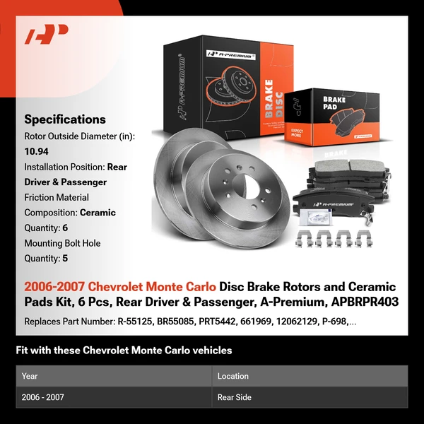 2006-2007 Chevrolet Monte Carlo Disc Brake Rotors and Ceramic Pads Kit, 6 Pcs, Rear Driver & Passenger, A-Premium, APBRPR403
