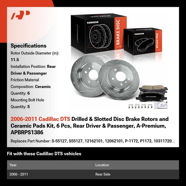2006-2011 Cadillac DTS Drilled & Slotted Disc Brake Rotors and Ceramic Pads Kit, 6 Pcs, Rear Driver & Passenger, A-Premium, APBRPS1386