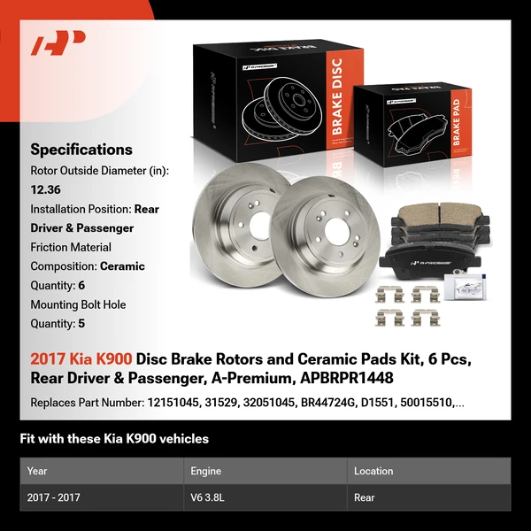 2017 Kia K900 Disc Brake Rotors and Ceramic Pads Kit, 6 Pcs, Rear Driver & Passenger, A-Premium, APBRPR1448