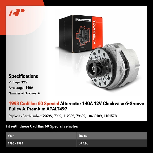 1993 Cadillac 60 Special Alternator 140A 12V Clockwise 6-Groove Pulley A-Premium APALT497